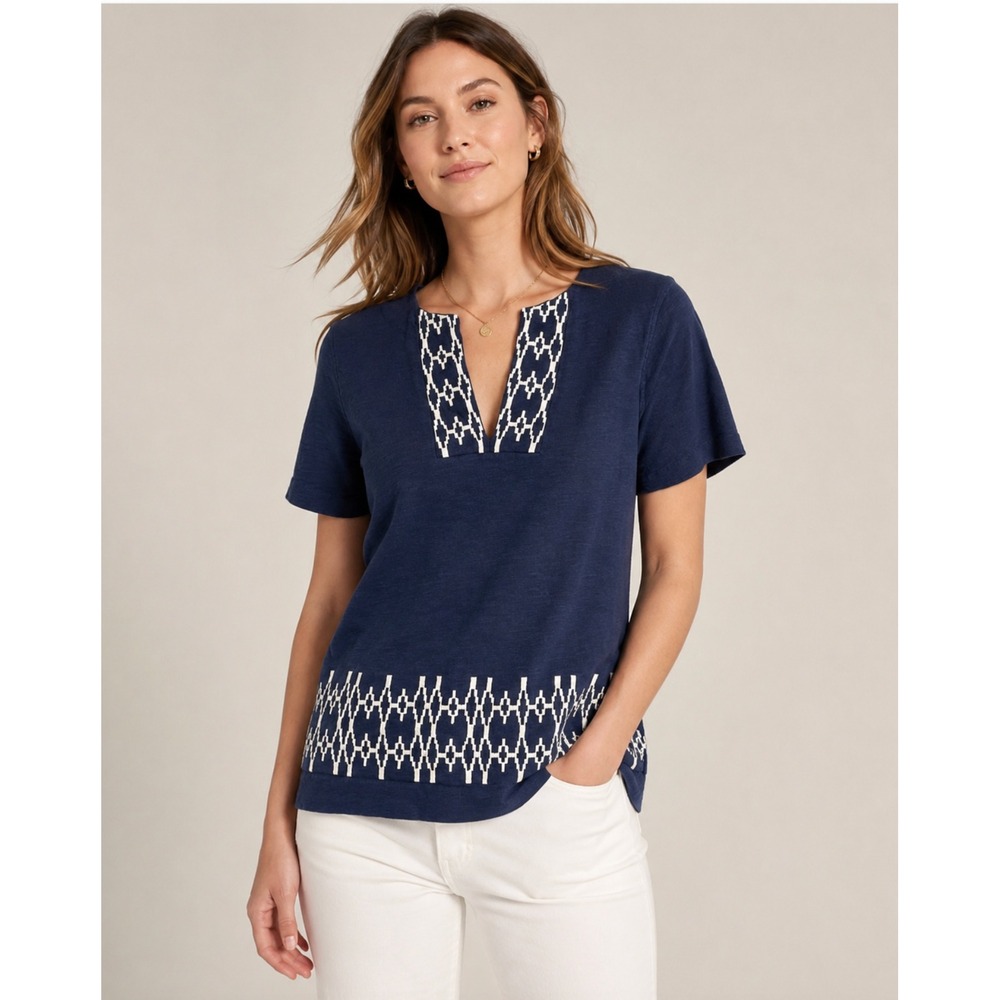 J.Crew Embroidered Slub Cotton Tunic Top S Navy Blue Split Neck Coastal Boho
